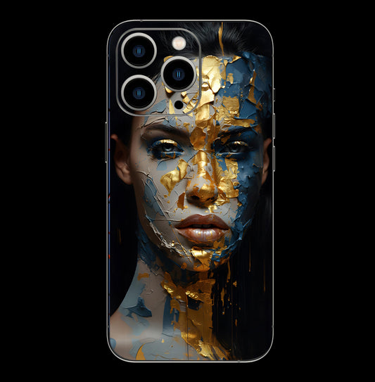 Iphone 15 pro max woman's face painted in blue and gold skin